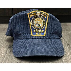 Vintage Corduroy Hat Manchester NH Poloice Snapback Blue
